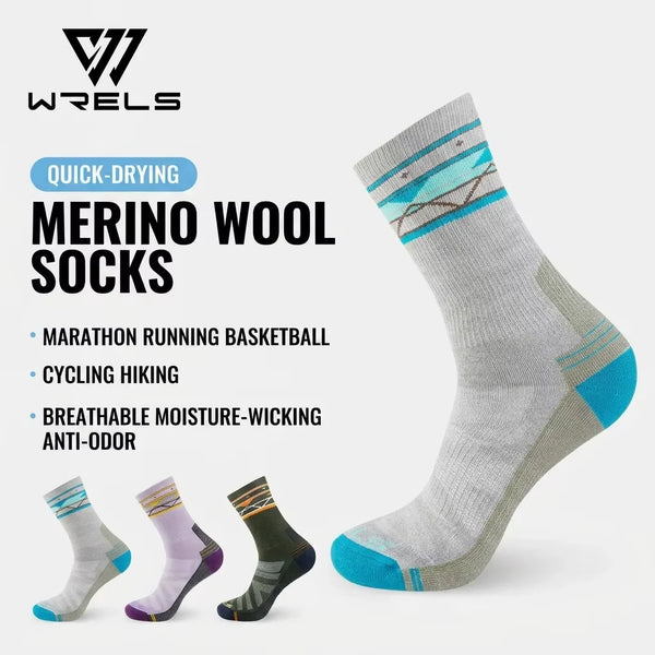 WRELS 1/2/3 Pairs Merino Wool Hiking Socks Moisture Wicking Crew Socks Arch Support Thermal Cushioned Outdoor Trekking Socks