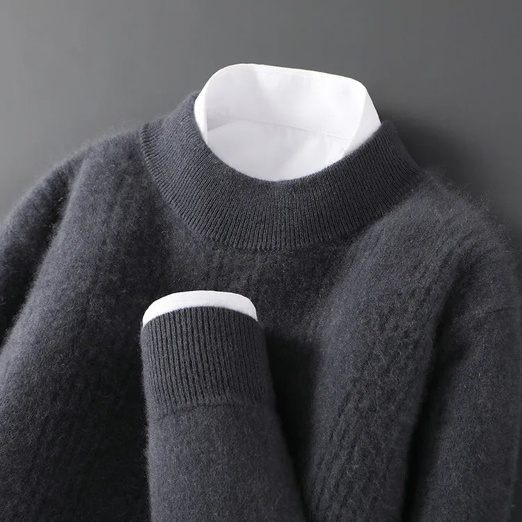 Men's 100% Wool Sweater,  Soft and Warm High-neck Wool Pullover Fine Vertical Stripe