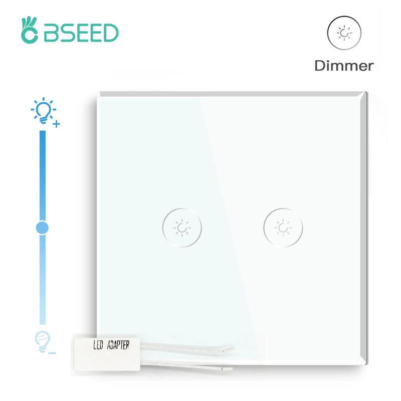 BSEED Touch Dimmer Switch 2Gang 1Way LED Dimmable Wall Light Switch Crystal Glass Panel Blue Backlight Memory Function