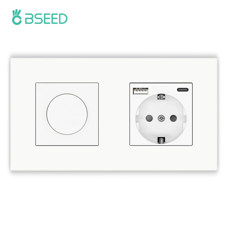 BSEED Rotary Switch LED Dimmer Light Switch With 1/2/3Gang Button Light Switch EU Wall Power Socket PC Plastic Frame