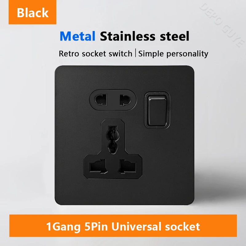 Black Retro Toggle Wall Light Switch Socket,Stainless Steel Universal UK Electrical Outlets with USB Type-C charging For Home