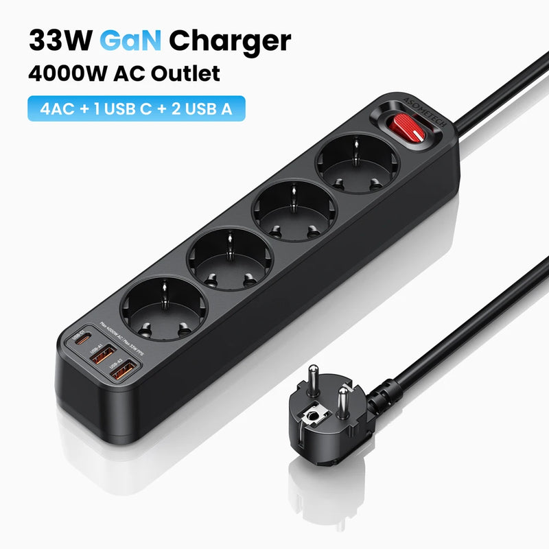 ឌុយភ្លើង EU 4000W រន្ធដោត 4AC ច្រើនរន្ធ ជាមួយខ្សែ USB 4 ប្រវែង 1.5 ម៉ែត្រ រន្ធដោតអគ្គិសនី PD 33W សាកថ្មលឿន ឧបករណ៍ការពារការកើនឡើង