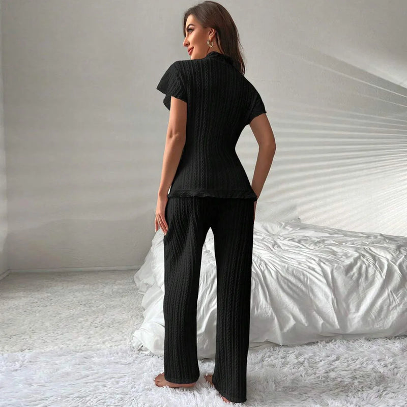 Hot Sale Short Sleeve Ruffle Cardigan Trousers Sets Women's Pajamas Sleepwear Home Wear Clothes Casual Sleeping Pyjamas Femmes