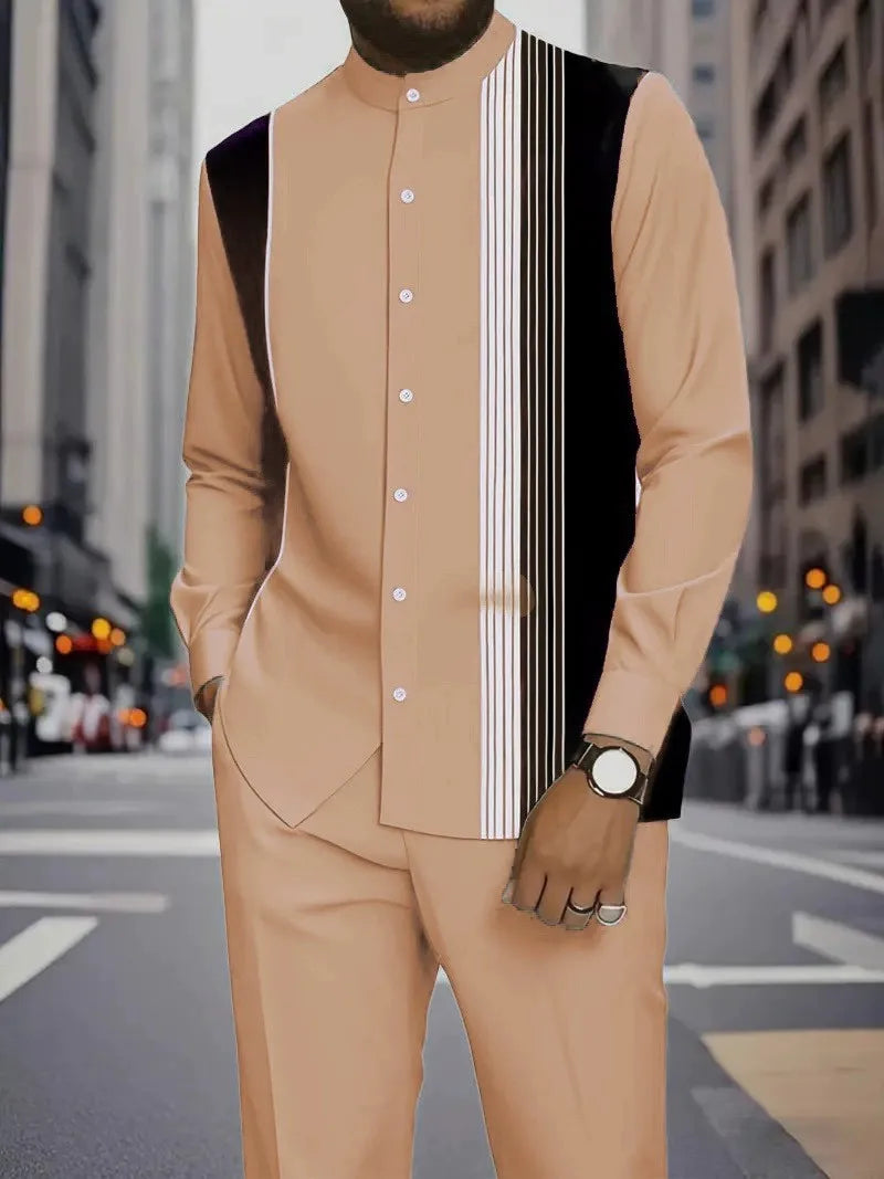 Men's Two-piece Set for Spring/Fall: An Ethnic-style Long-sleeve Shirt Paired with Pants, Red, Blue, Green, Gray, Black, Purple.