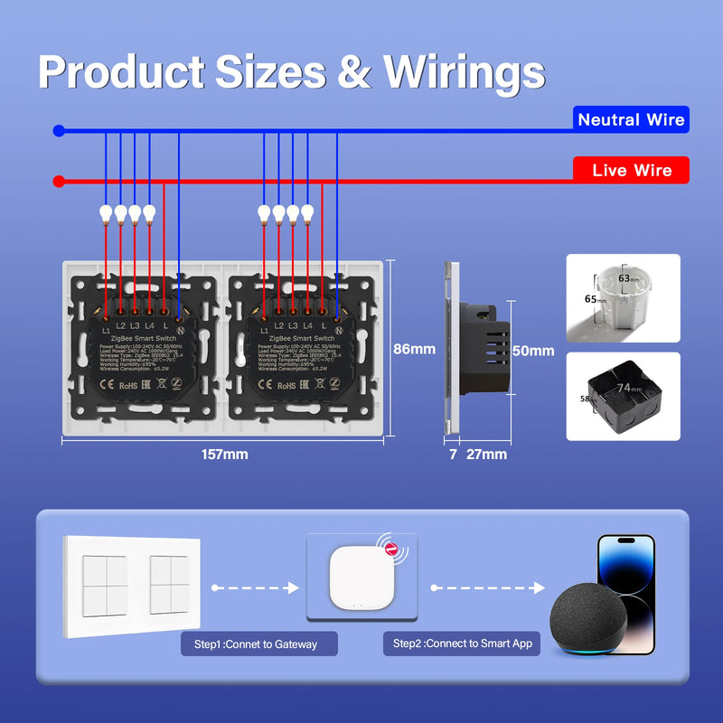 BSEED Zigbee Light Switch 1/2/3Gang 2Way Smart Click Button Switch Glass Panel White LED Indicator Tuya Smart Life Alexa Control