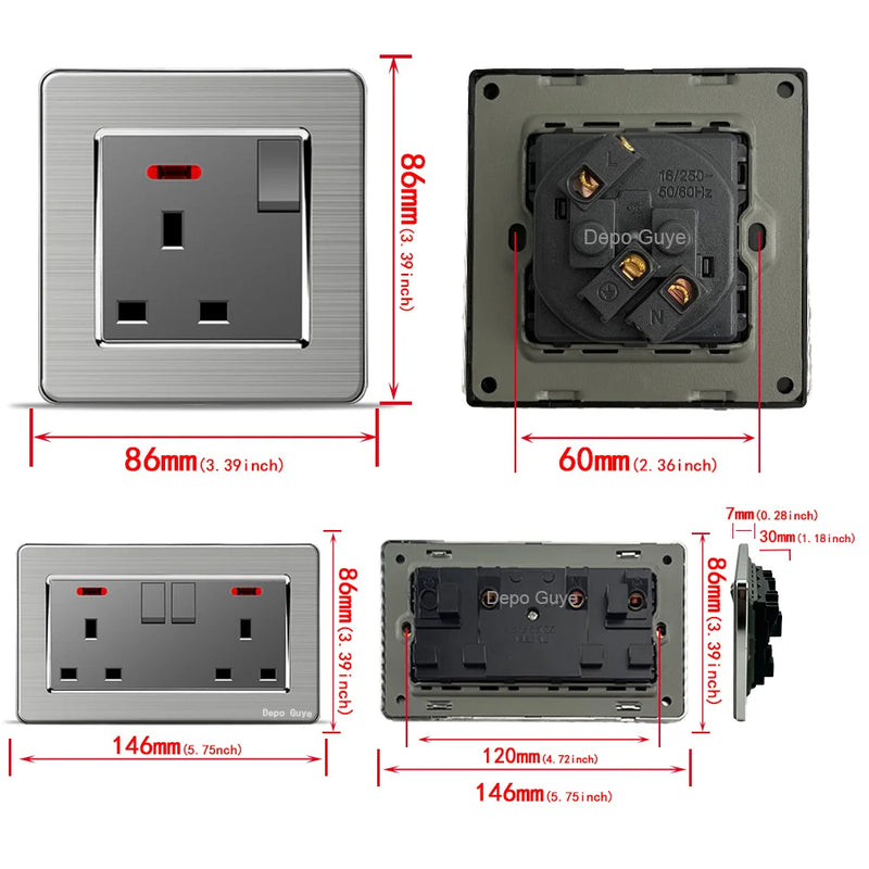 Grey Stainless Steel Metal Uk 13A Wall 220V Light Switch with Electrical Socket, Smart Type-c Fast Charging Wall USB C Socket