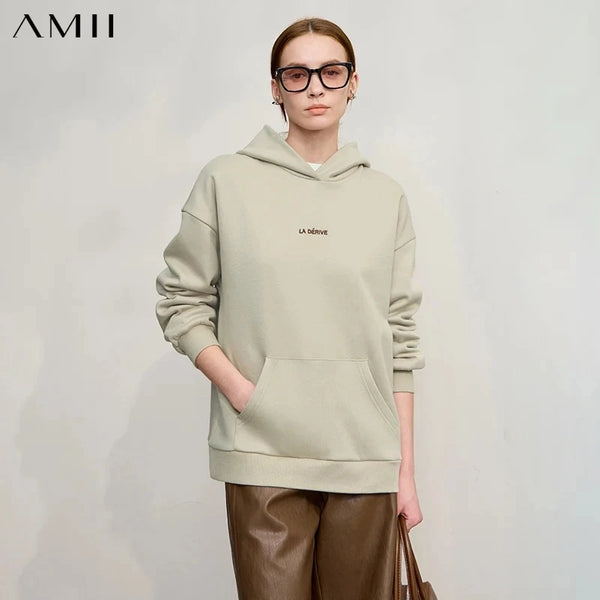 AMII Woman Sweatshirts 2026 Winter New Embroidery Hooded Knitting Sweatshirts for Ladies Long Sleeve Loose Casual Top 12544130