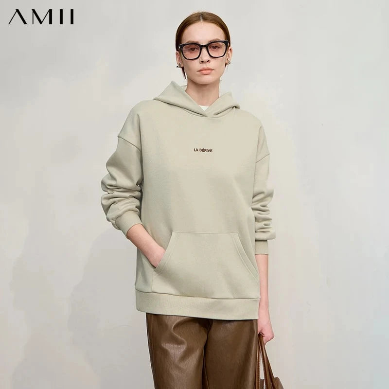 AMII Woman Sweatshirts 2026 Winter New Embroidery Hooded Knitting Sweatshirts for Ladies Long Sleeve Loose Casual Top 12544130