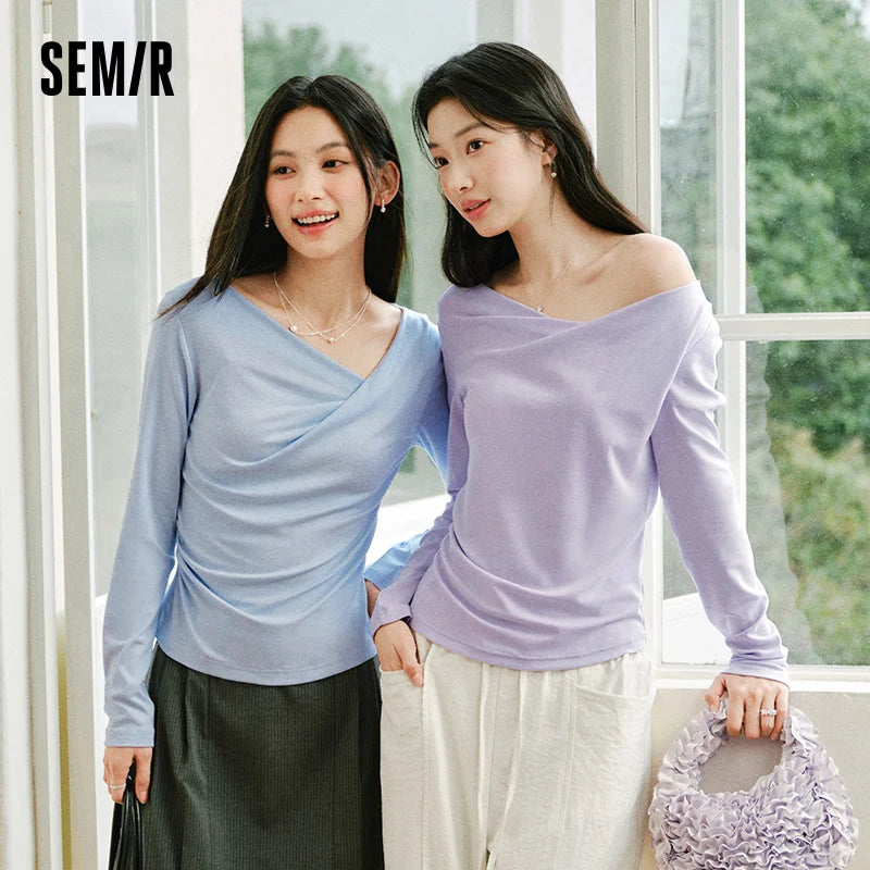 Semir Slim Fit Tshirt Women 2026 Spring Short Asymmetric Neck Oblique Shoulder Solid Color Casual Fashion Stylish Top
