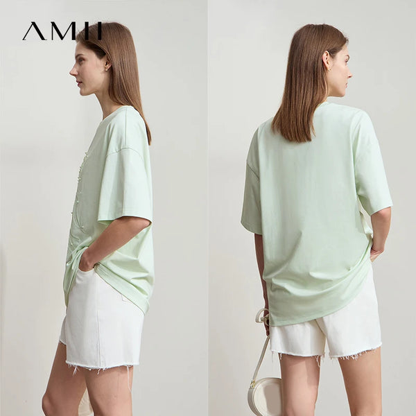Amii Minimalist Casual Light Luxury T-shirt Women 2026 Summer New Loose O-neck Marine Embroidery Beaded Cool Tees Tops 12542148
