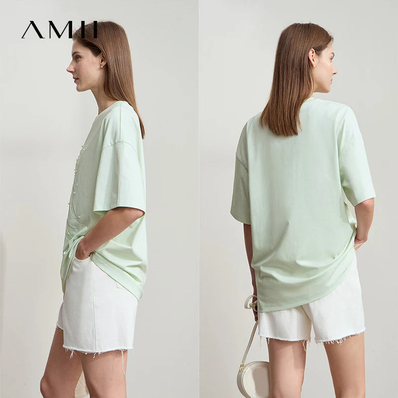 Amii Minimalist Casual Light Luxury T-shirt Women 2026 Summer New Loose O-neck Marine Embroidery Beaded Cool Tees Tops 12542148