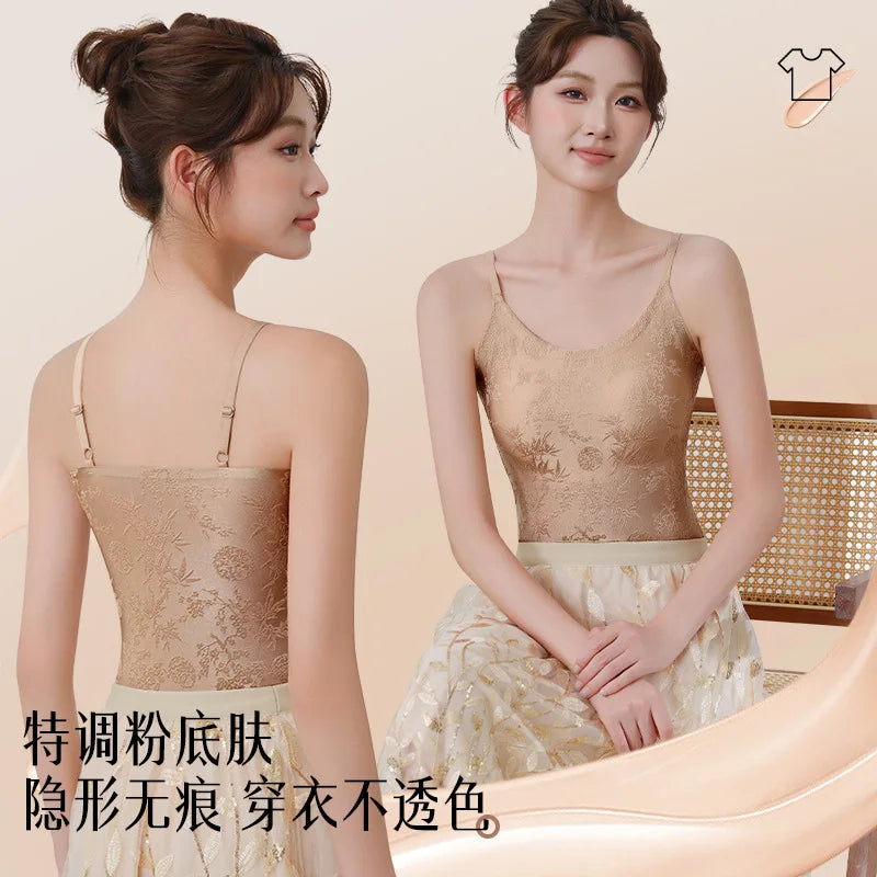 National Style Jacquard Printed Seamless Underwear Sling Vest Women's Inner Fixed Cup One Piece Pajamas Top Lady Sleepwear