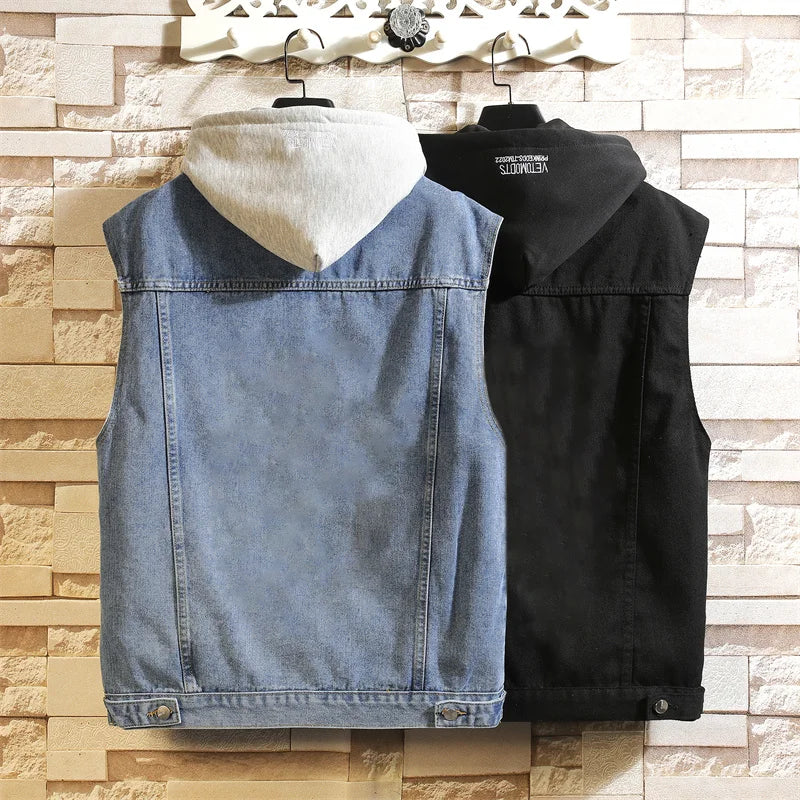 2026 Spring New Men's Black Denim Vest Jacket, Teenagers Blue Leisure Hooded Coat M-5XL