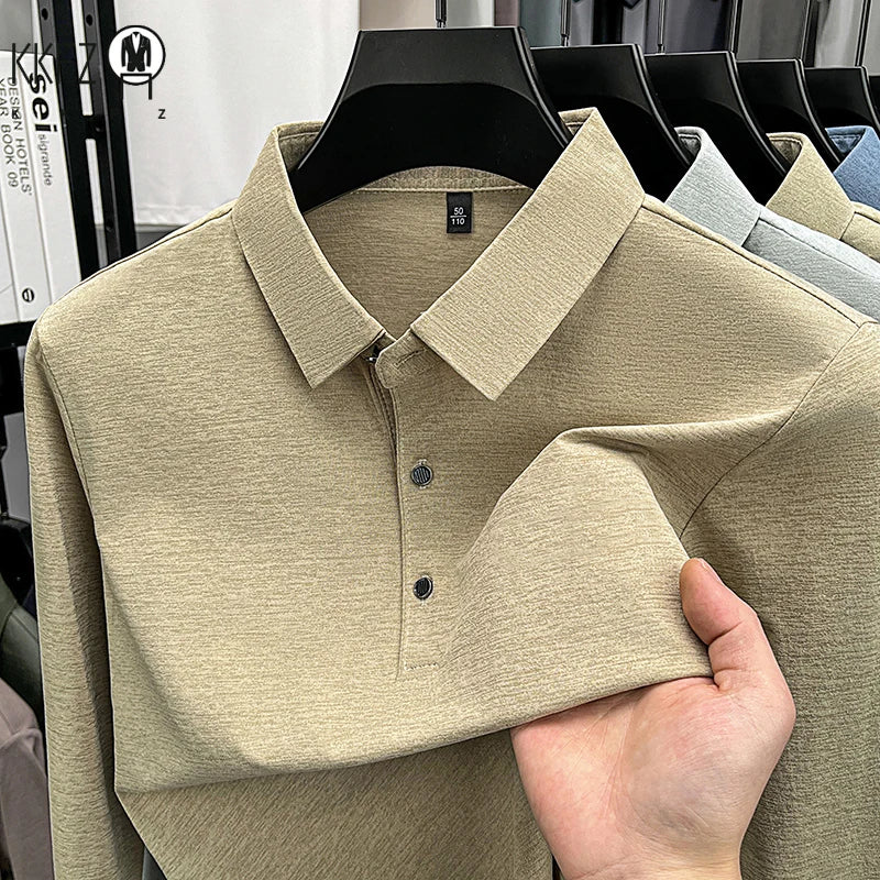 Mens Lapel Collar Long Sleeve Polo Top Heathered Texture Wrinkle Resistant Fabric Casual Office Matching Garment