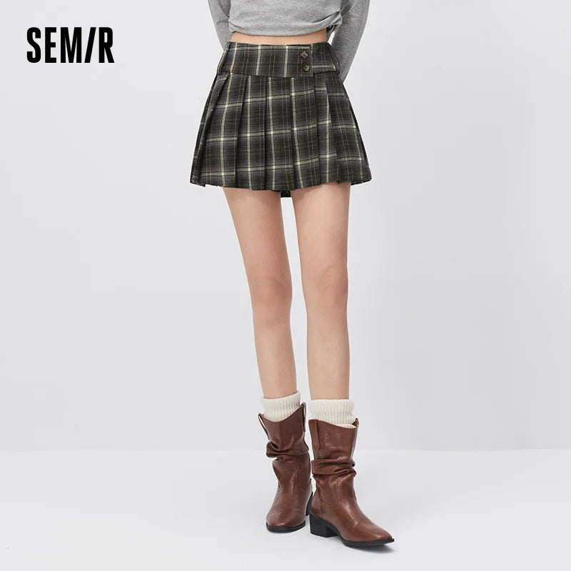 Semir Women Mini Skirt Plaid Asymmetric Pleated Campus Style Sweet Cool Autumn Bottoms Essential Daily Wear 2026