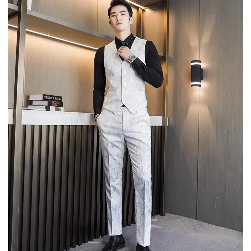 Luxury Men's Black Rose Pattern Suit 3-Piece, White Wedding Party Dress Jacket and Vest with Trousers, Asian Size M-6XL.