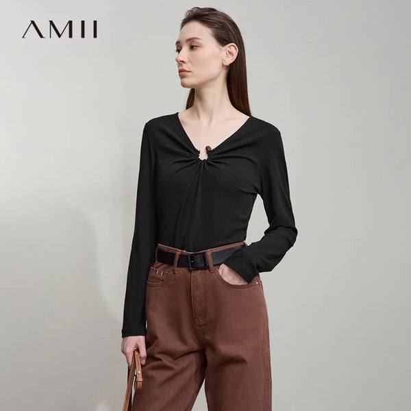 AMII 2026 Autumn Minimalism Solid V-neck T-Shirt Office Lady Long Sleeves Basic Slim Detachable Design Women Clothing 12523066