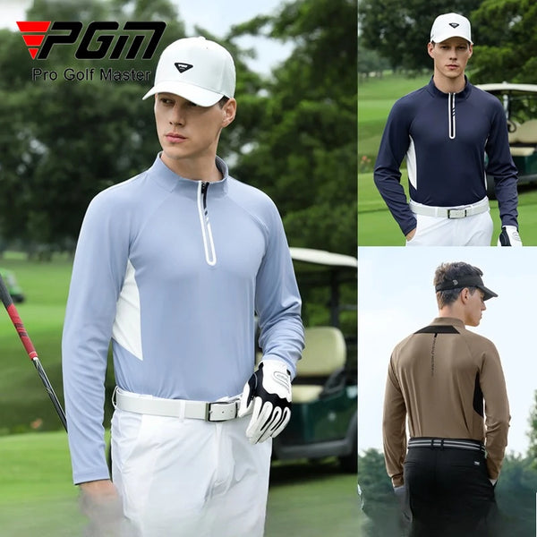 PGM Men Golf Long Sleeved Polo Shirt Autumn Winter Stand Up Collar High Elastic Top Clothes YF821