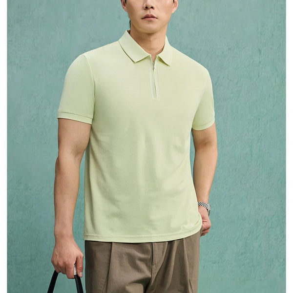 Men's Zipper Polo Shirt – Soft Lyocell Linen Silk Blend, Breathable & Stretchy, Business Casual Short Sleeve for Summer Travel
