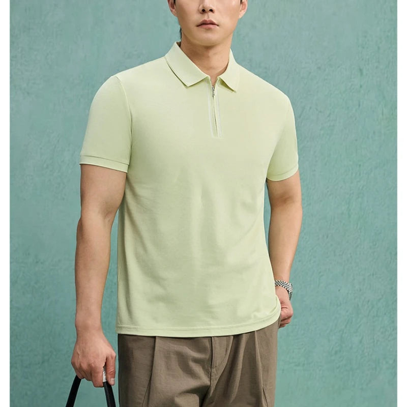 Men's Zipper Polo Shirt – Soft Lyocell Linen Silk Blend, Breathable & Stretchy, Business Casual Short Sleeve for Summer Travel