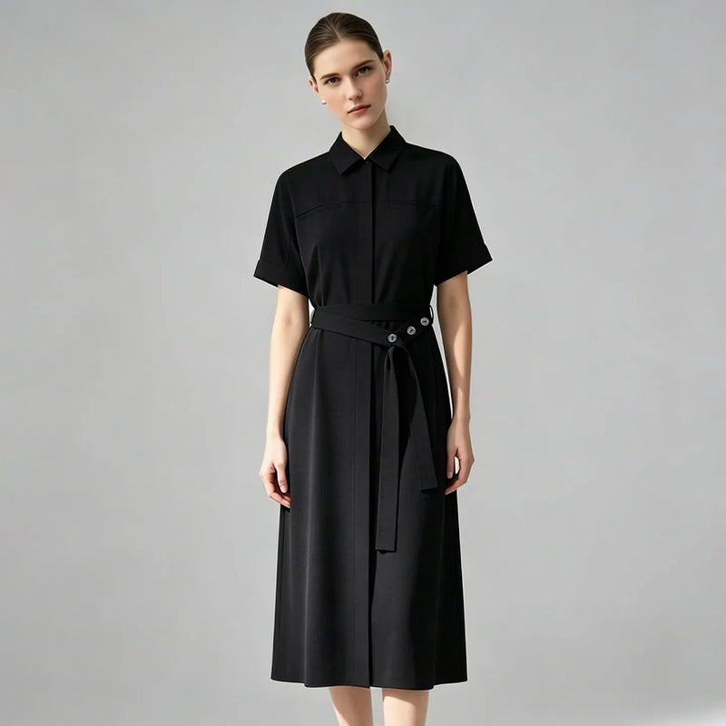 Amii Women's Casual Dresses 2026 Summer New Lapel Collar Dolman Sleeve With Belted Loose Office Shift Dress For Women 12642200