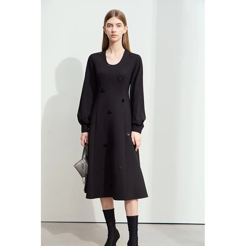 Amii Minimalism Dresses for Woman 2026 Autumn New Casual U-Neck Long Dress Retro Elegant Slim Knitting Female Dress 12453032