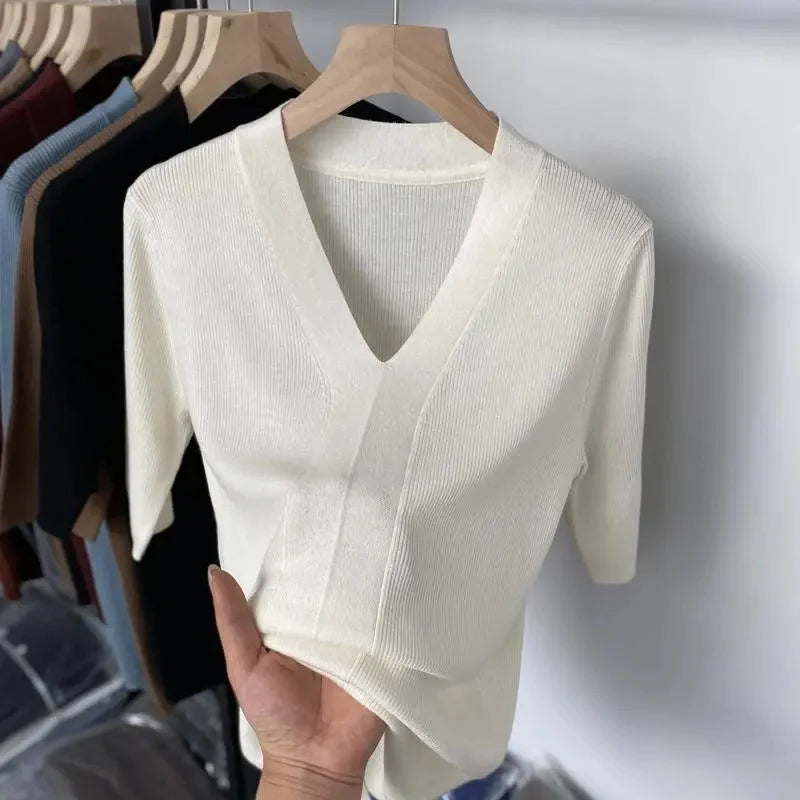 Thin Knit Tops 2026 Bottoming Shirts Women Sweater Short Sleeve V-neck Stripe Knitwears Slim Fit Shirt Korean Summer Pullovers