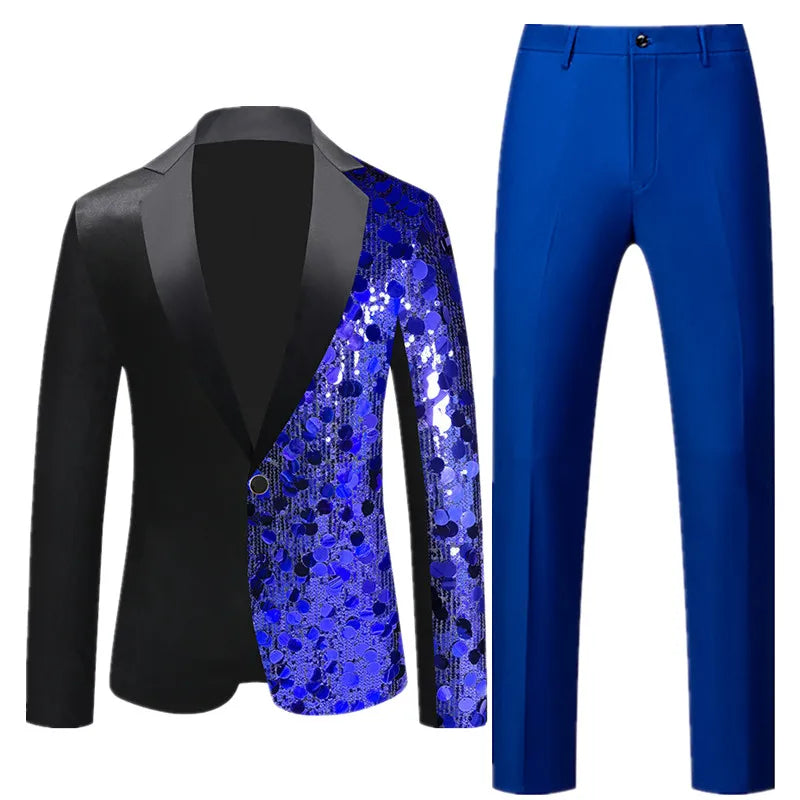 2‌026 Men's Red Sequin Tuxedo Jacket & Red Trousers Set - Stage Performance/Wedding/Party Formal Wear‌
