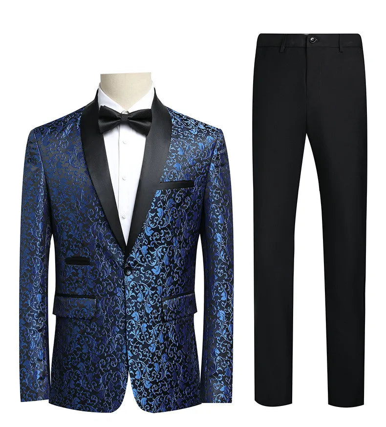 2027 New Men's Two-Piece Suit Set: Jacquard Jacket Paired with Black Pants, Perfect for Weddings, Parties, Stage Performances.