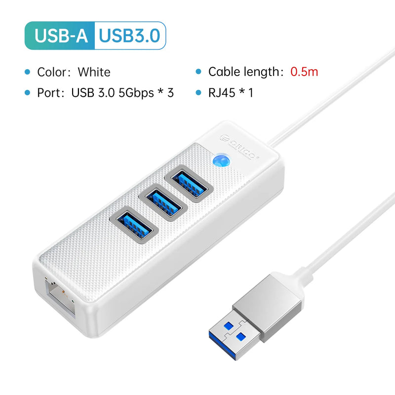 ORICO 3 Ports 5Gbps USB 3.0 RJ45 HUB 1000Mbps Ethernet Lan Adapter Gigabit Network Card For MacBook Laptop Computer Accessories
