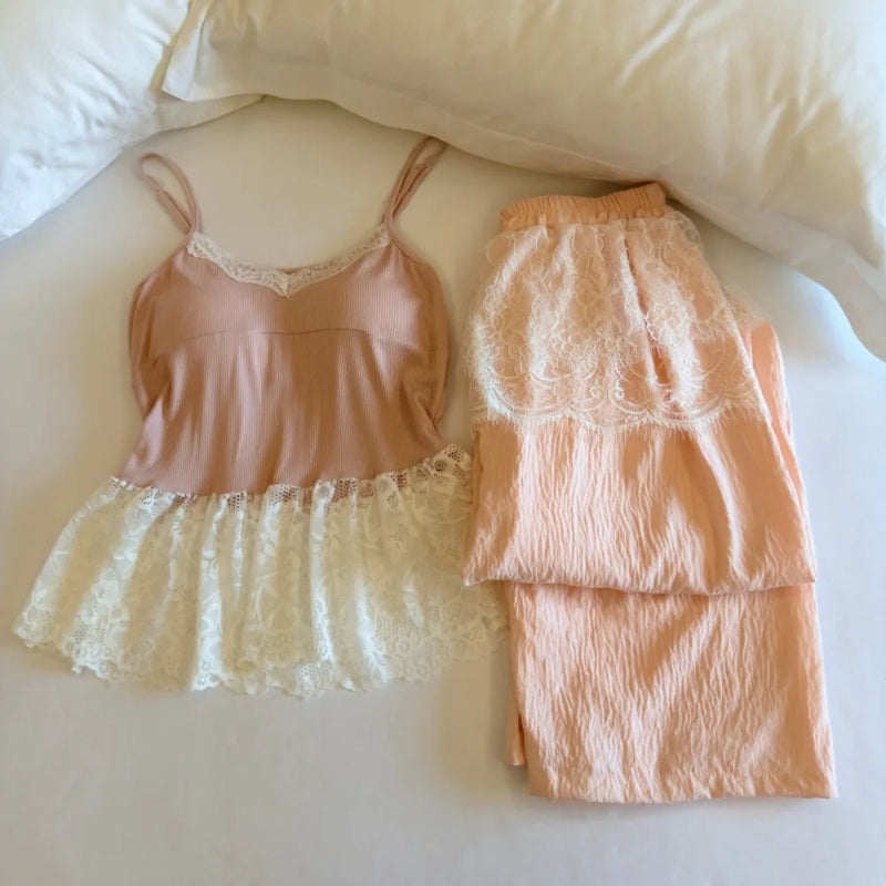 Thin Women's Pajamas Chest Pad Sleeveless Tops and Long Pants Sleepwear 2 Piece Home Clothes Comfortable Loungewear Pijama Suit