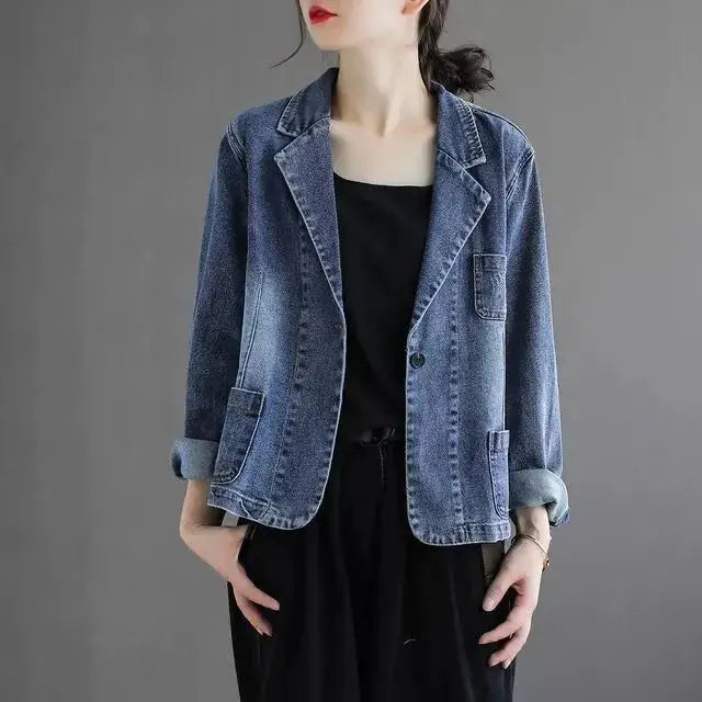 Vintage-style Women's Blue Denim Jacket; Stylish, Casual Single-button V-neck Blazer; Available in Asian Sizes M–3XL.