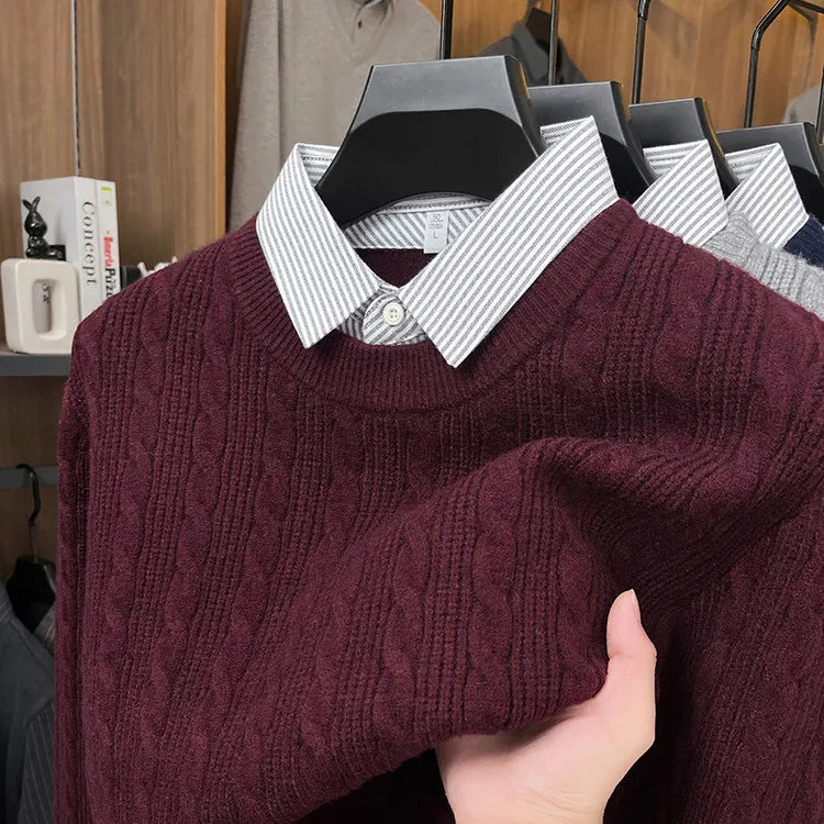Men's Cable Knit Sweater, Faux Two-Layer Shirt Collar, 550g Wool Blend, 7 Colors Business Casual Knitted Pullover Sweater