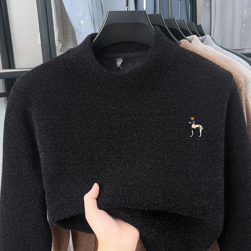 Man Long-Sleeve Knit Top Crew Neck Fleece-Lined Thickened Exquisite Embroidery Autumn Winter Leisure Keep Warm Men's Clothing
