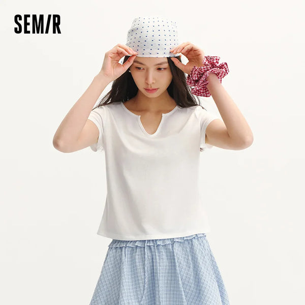 អាវយឺតស្ត្រី Semir ឆ្នាំ ២០២៦ ខ្លីស្តើង ធ្វើពីកប្បាស លីនីន រឹង ស្មាធម្មតា ឆើតឆាយ ធម្មតា ទន់