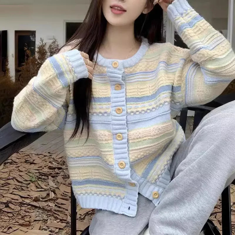 Soft Contrasting Color Striped Crew Neck Knitted Cardigan Coat Women's Autumn Winter Top Casual Sweater Jacket Knitwear Traf
