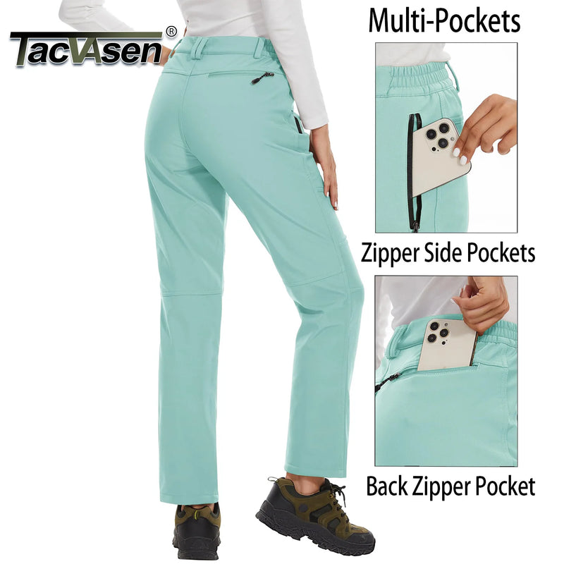 TACVASEN Womens Winter Waterproof pants Fleece Lined  Softshell Trousers With Zipper Pockets Thermal Cargo Outdoor Ski Pants