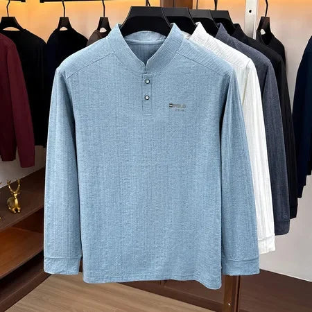Mens Relaxed Mandarin Collar Shirt Long Sleeve Vertical Texture Embroidery Detail Casual Street Fashion Outer Top