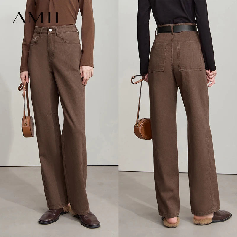AMII Minimalist 2026 Autumn New Arrival Pants Minimalism Retro Casual Office Lady Pure Cotton Jeans Women Denim Trouser 12543141