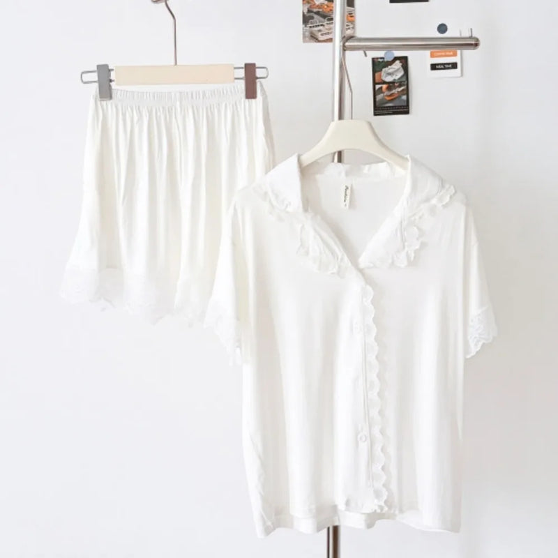 Lapel Short-Sleeved Home Suit for Nightwear Solid Color Loungewear Set Modal Summer Two Piece Pyjama Set Loose Homewear Suit
