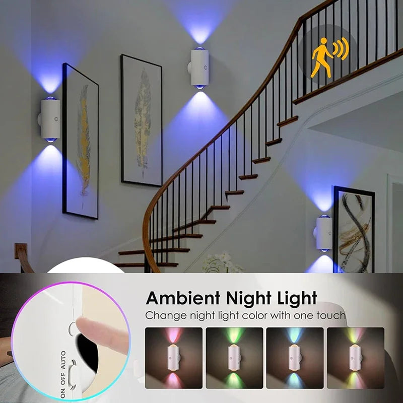 LED Wall Lights Motion Sensor Wall Lamp RGB Warmlight Home Decoration Light Up and Down Night Light Rechargeable for Stair Porch