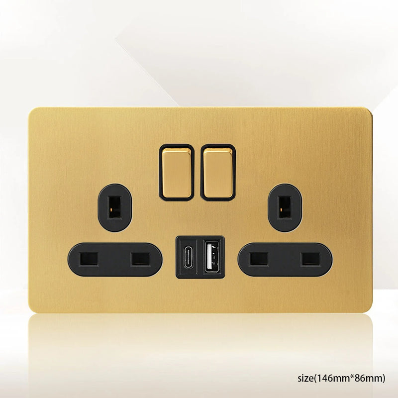 Gold Wall Light Toggle Switch Vintage Brass Lever Stainless Steel Panel,EU FR Universal USB C Socket 1-4 Gang 2Way Switch TV