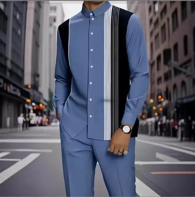 Men's Two-piece Set for Spring/Fall: An Ethnic-style Long-sleeve Shirt Paired with Pants, Red, Blue, Green, Gray, Black, Purple.