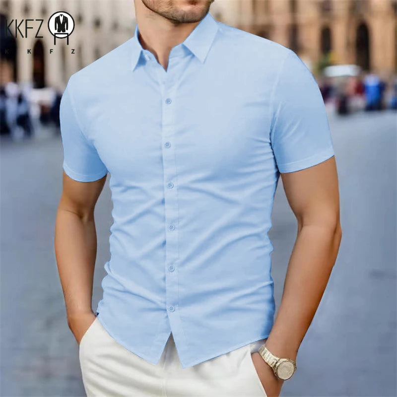 Men's Business Casual Solid Color Short Sleeve Shirt Summer Fashion No Ironing Comfortable Versatile Top for Men