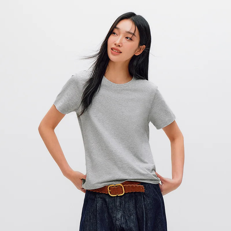 Semir Women Tshirt Solid Color Slim Fit Crew Neck Short Sleeve Summer 2026 Versatile Casual Everyday Fashion Top