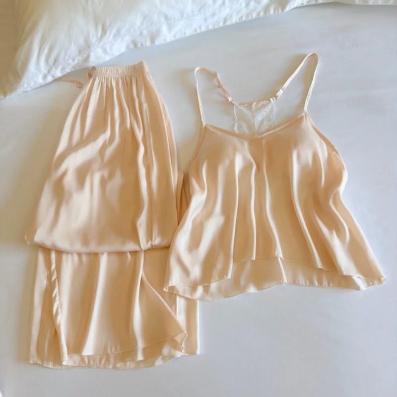 Women's Summer Suit 2 Piece Set Pajama Night Wear for Ladies Female Clothing New Solid Color Sleeveless Pyjama Set Woman Nighty