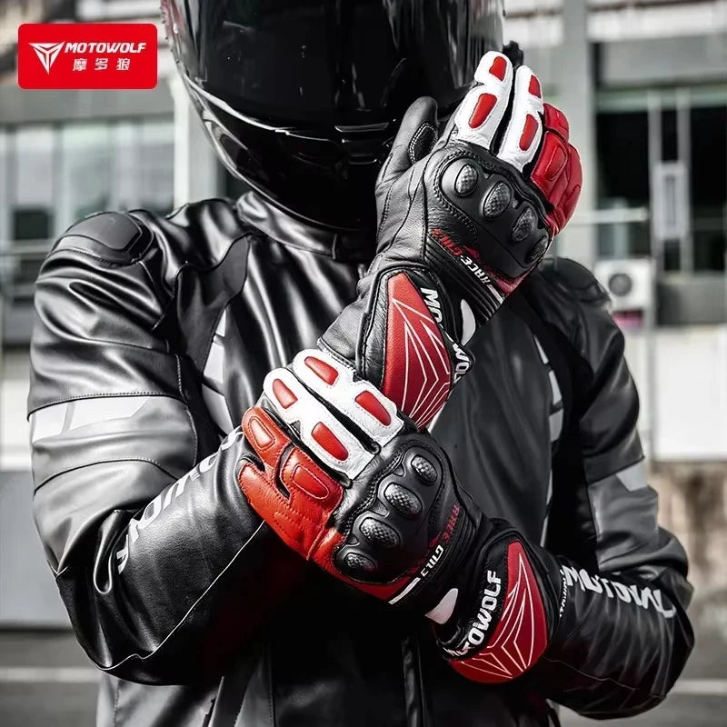 ស្រោមដៃម៉ូតូ Motowolf GM3 ស្បែកសុទ្ធសម្រាប់បុរស ធន់នឹងខ្យល់ អេក្រង់ប៉ះ កំណែវែង ធន់នឹងការដួលរលំ ស្រោមដៃប្រណាំងម៉ូតូ