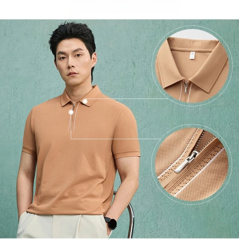 Men's Zipper Polo Shirt – Soft Lyocell Linen Silk Blend, Breathable & Stretchy, Business Casual Short Sleeve for Summer Travel