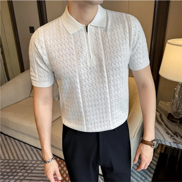 Men's Quarter Zip Polo Shirt Short Sleeve Knitted Ice Silk T-Shirt Slim Fit Casual Business Gentleman Top with Hollow Design