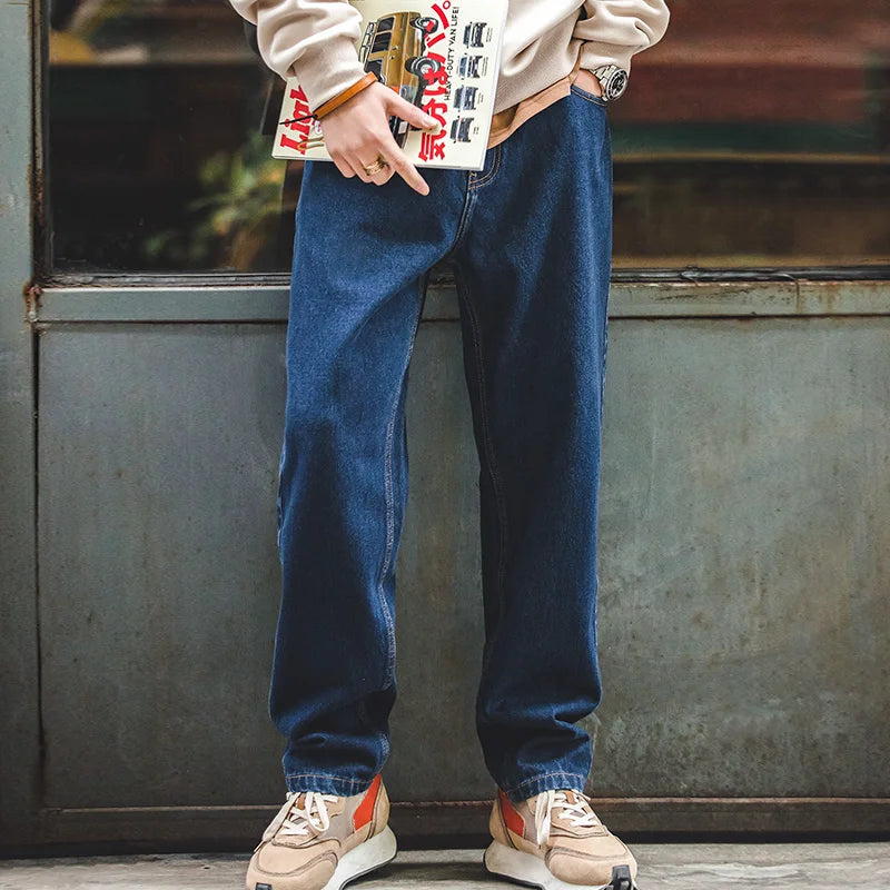ខោខូវប៊យ Maden លាងសម្អាត Denim ទំហំ 12.8 អោន ខោរលុងបែប Retro ខោប៉ោង ទំហំធំ 28-38 សម្លៀកបំពាក់បុរសទាន់សម័យ មាន 2 ពណ៌